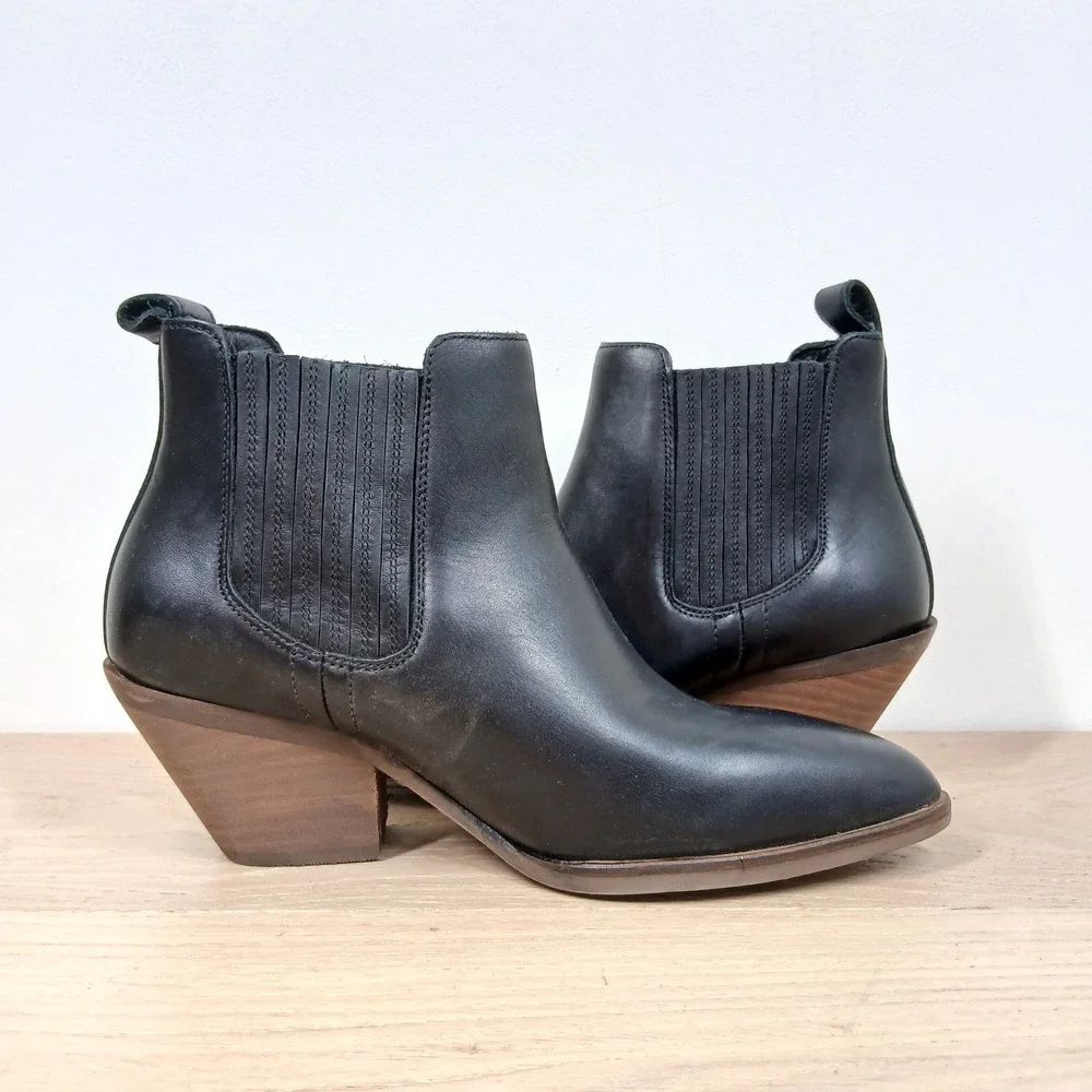 Patina Ankle Boots Women 6 Black Leather Pointed Toe Western Chelsea Block Heel